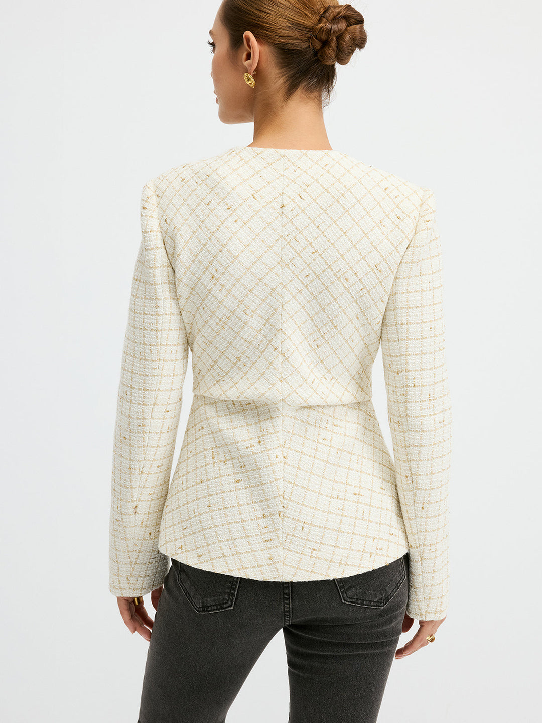 Tweed Round Neck Waist-Cinching Blazer