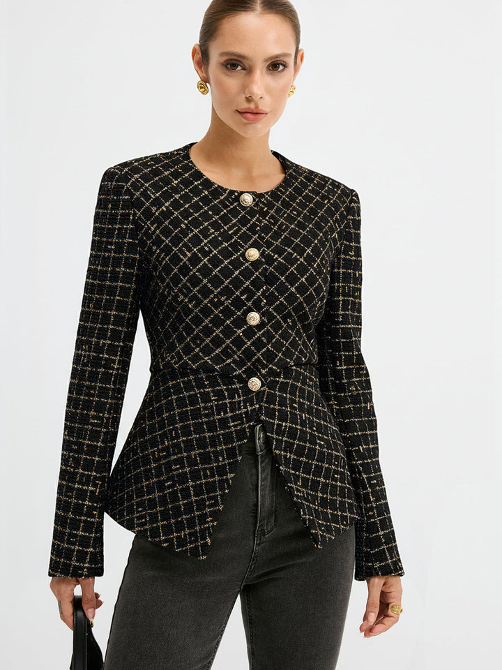 Tweed Round Neck Waist-Cinching Blazer