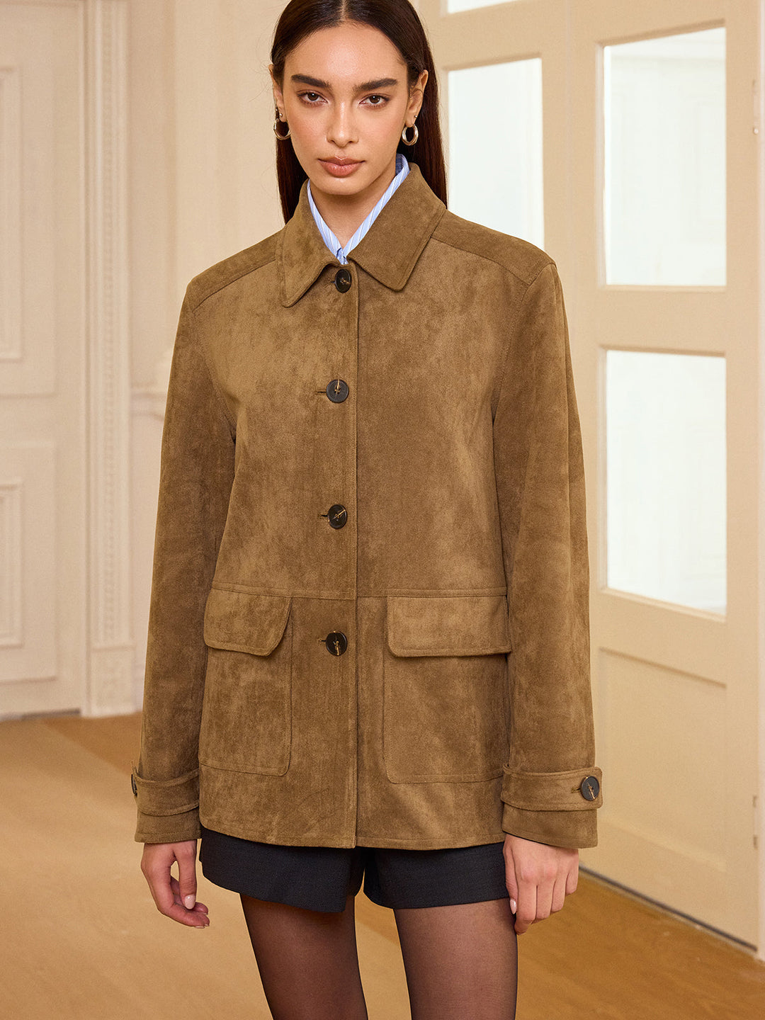 Collared Button-Front Suede Effect Blazer