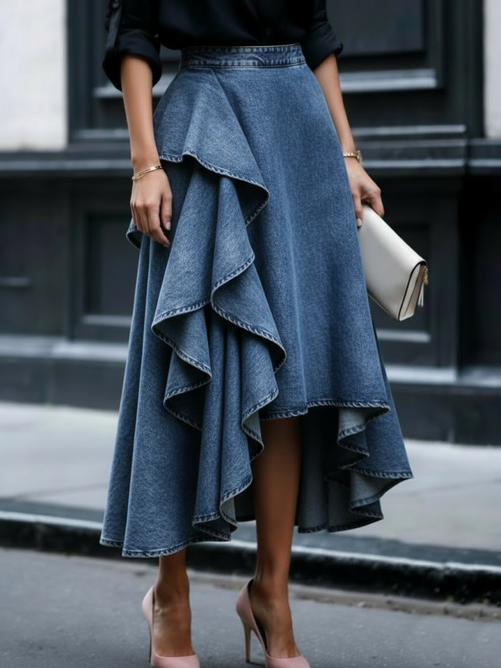 Elegant Stylish Multi-layered Ruffled Denim Skirt